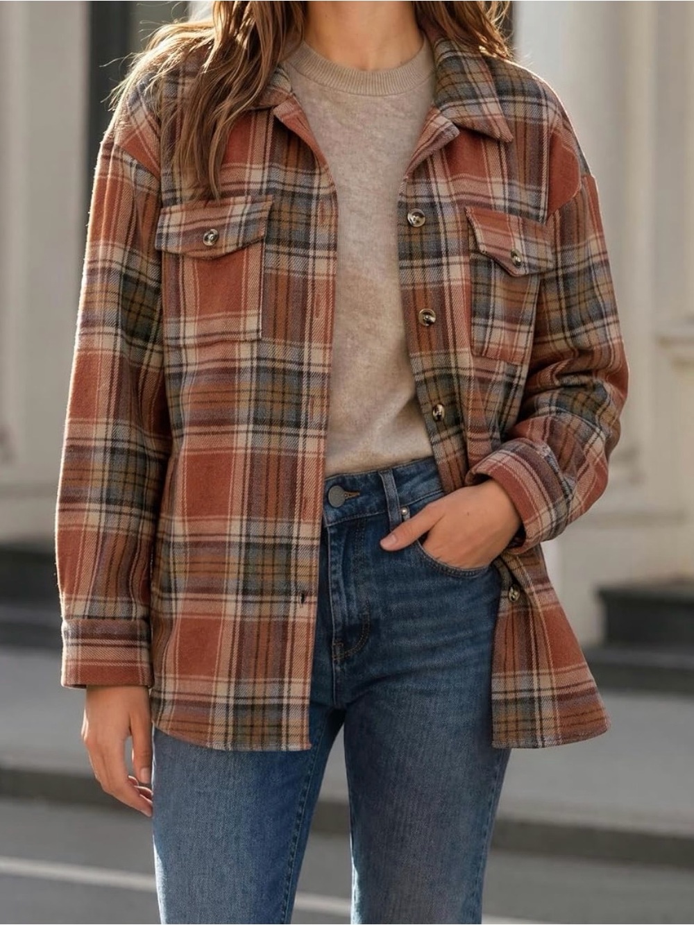 Plaid Button-Up Shacket Jacket in Rust Multi - Picture 4 of 8